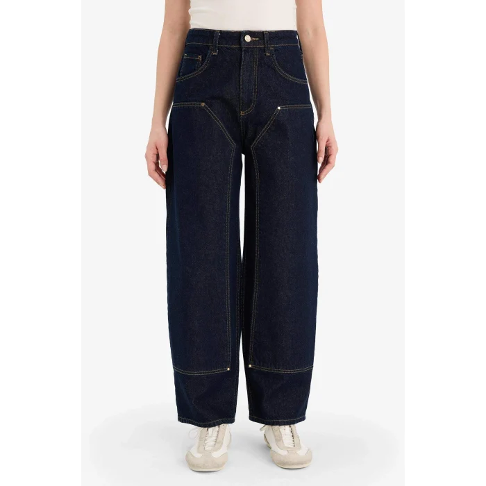 Defacto G1406AXNM82 Mavi Barrel Fıt Yüksek Bel Uzun Jean Pantolon