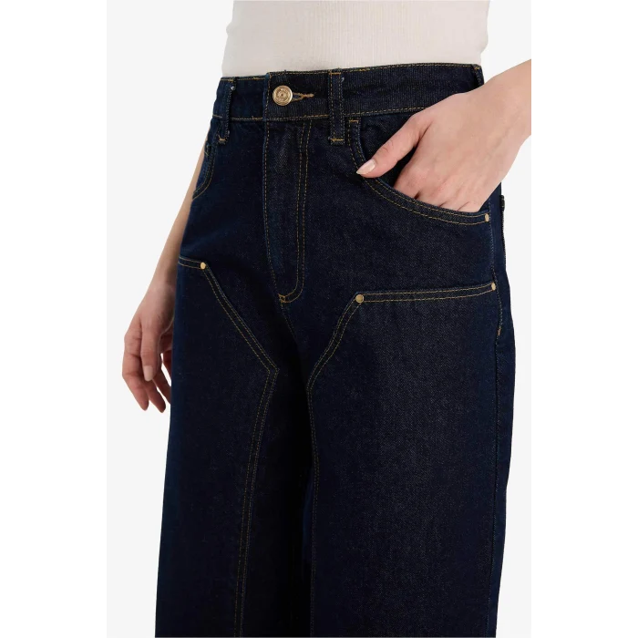 Defacto G1406AXNM82 Mavi Barrel Fıt Yüksek Bel Uzun Jean Pantolon