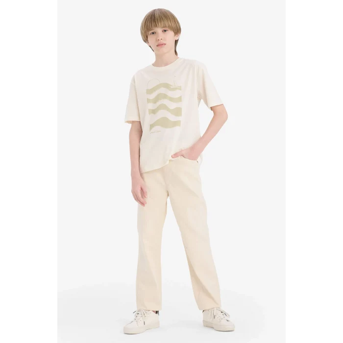 Defacto E0177A8ER100 Ekru Bisiklet Yaka Baskılı Kısa Kollu Tişört Erkek Çocuk