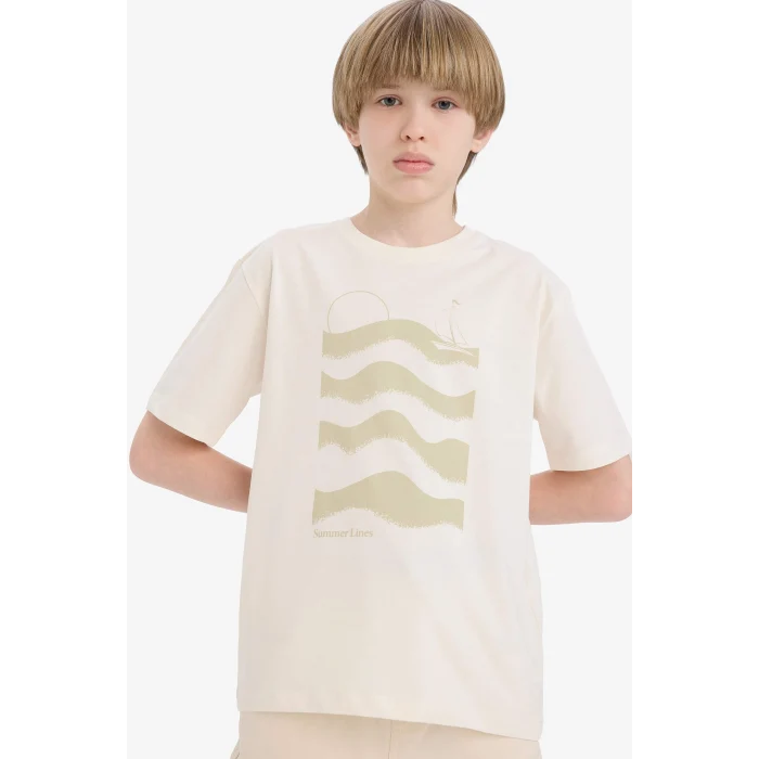 Defacto E0177A8ER100 Ekru Bisiklet Yaka Baskılı Kısa Kollu Tişört Erkek Çocuk