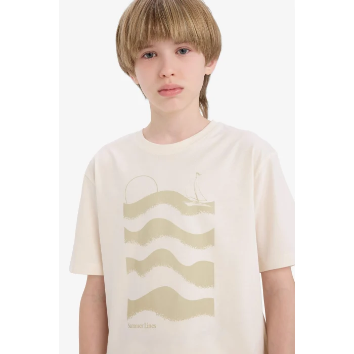 Defacto E0177A8ER100 Ekru Bisiklet Yaka Baskılı Kısa Kollu Tişört Erkek Çocuk