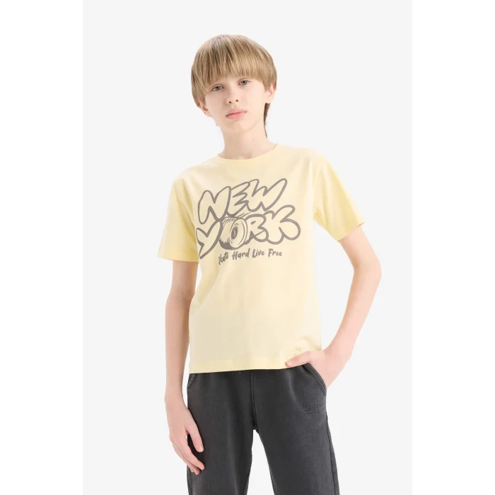 Defacto E0077A8YL487 Sarı Bisiklet Yaka Baskılı Kısa Kollu Tişört Erkek Çocuk