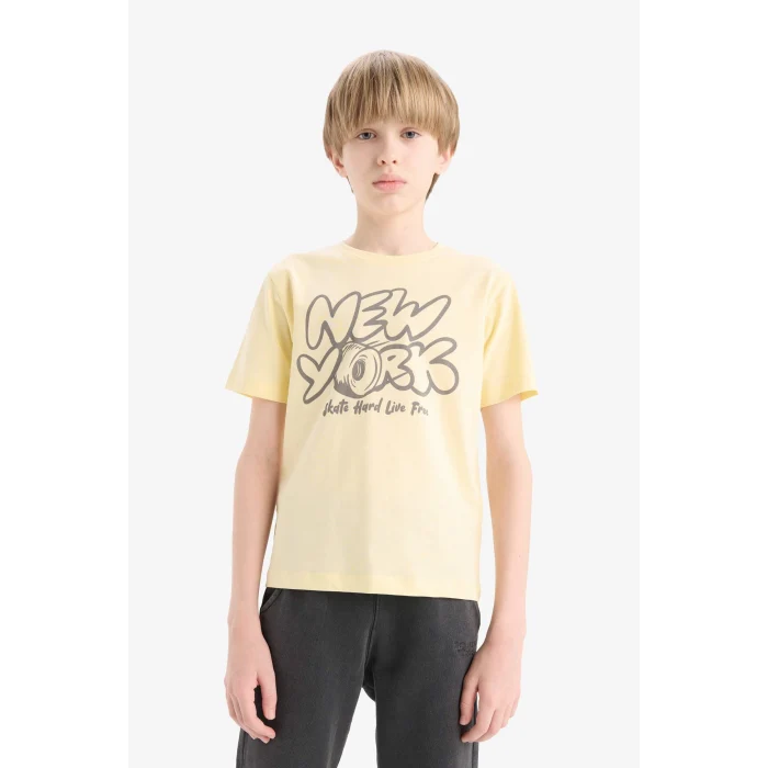 Defacto E0077A8YL487 Sarı Bisiklet Yaka Baskılı Kısa Kollu Tişört Erkek Çocuk