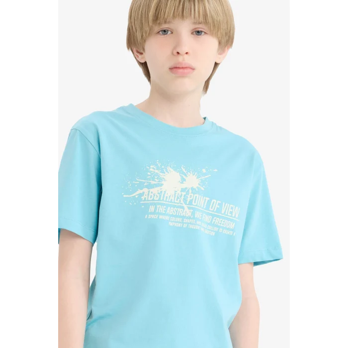 Defacto E0081A8TR248 Turkuaz Bisiklet Yaka Baskılı Kısa Kollu Tişört Erkek Çocuk