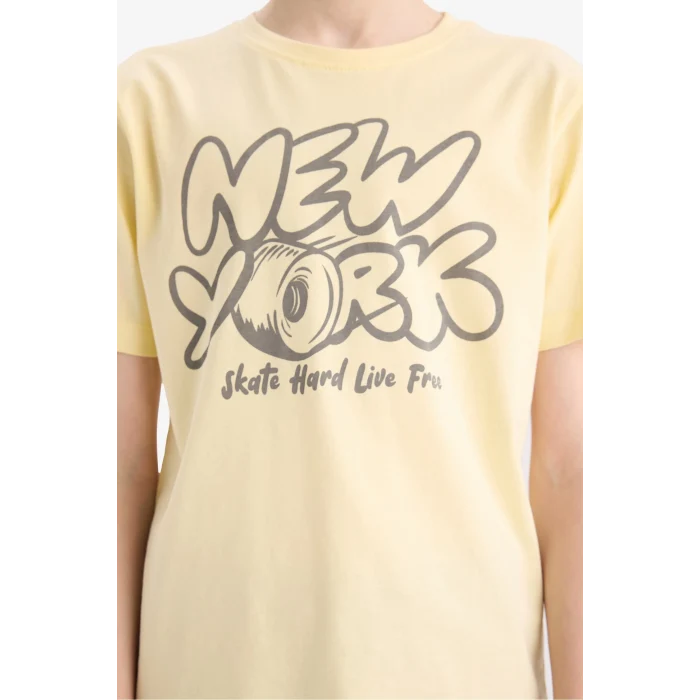 Defacto E0077A8YL487 Sarı Bisiklet Yaka Baskılı Kısa Kollu Tişört Erkek Çocuk