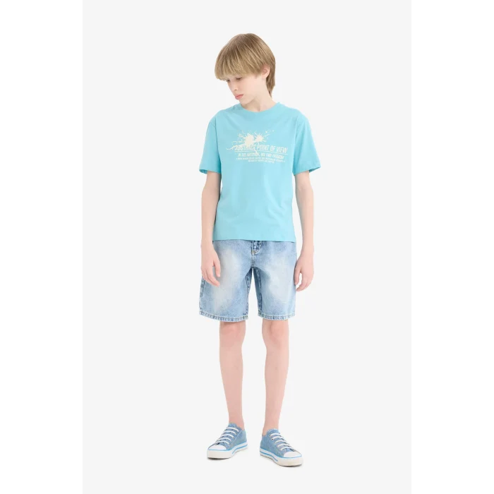 Defacto E0081A8TR248 Turkuaz Bisiklet Yaka Baskılı Kısa Kollu Tişört Erkek Çocuk
