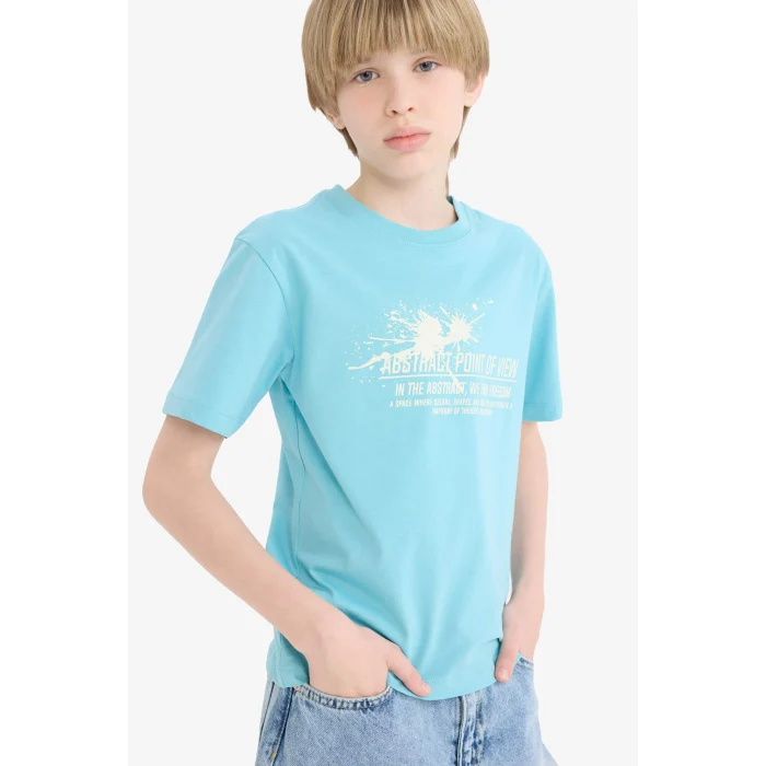 Defacto E0081A8TR248 Turkuaz Bisiklet Yaka Baskılı Kısa Kollu Tişört Erkek Çocuk