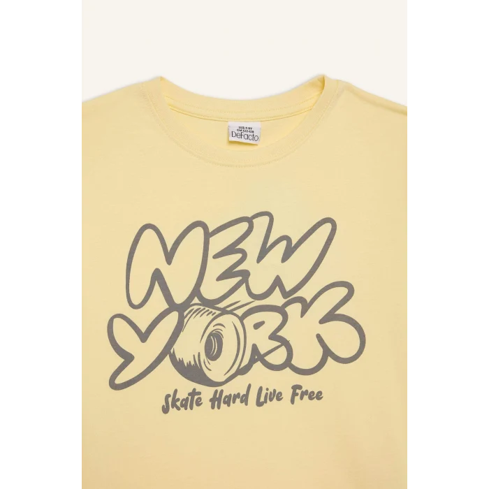 Defacto E0077A8YL487 Sarı Bisiklet Yaka Baskılı Kısa Kollu Tişört Erkek Çocuk