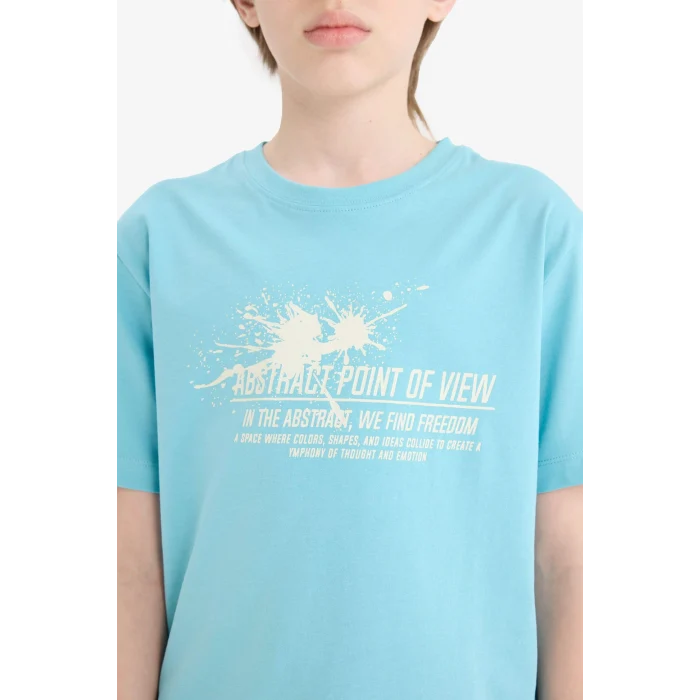 Defacto E0081A8TR248 Turkuaz Bisiklet Yaka Baskılı Kısa Kollu Tişört Erkek Çocuk