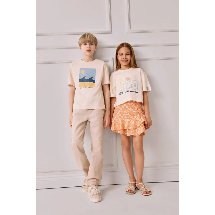 Defacto E0089A8ER42 Ekru Bisiklet Yaka Baskılı Kısa Kollu Tişört Erkek Çocuk