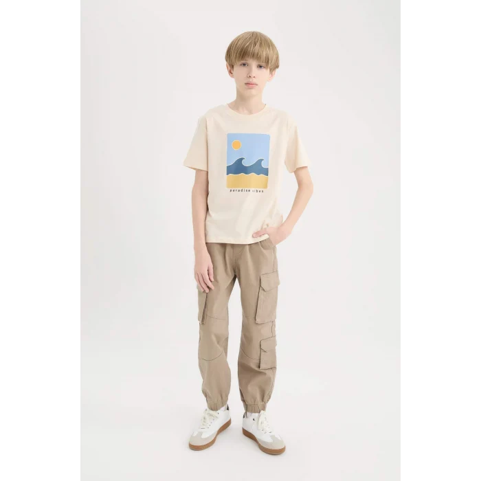 Defacto E0089A8ER42 Ekru Bisiklet Yaka Baskılı Kısa Kollu Tişört Erkek Çocuk