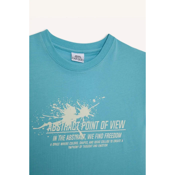 Defacto E0081A8TR248 Turkuaz Bisiklet Yaka Baskılı Kısa Kollu Tişört Erkek Çocuk