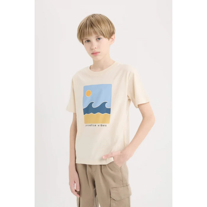 Defacto E0089A8ER42 Ekru Bisiklet Yaka Baskılı Kısa Kollu Tişört Erkek Çocuk