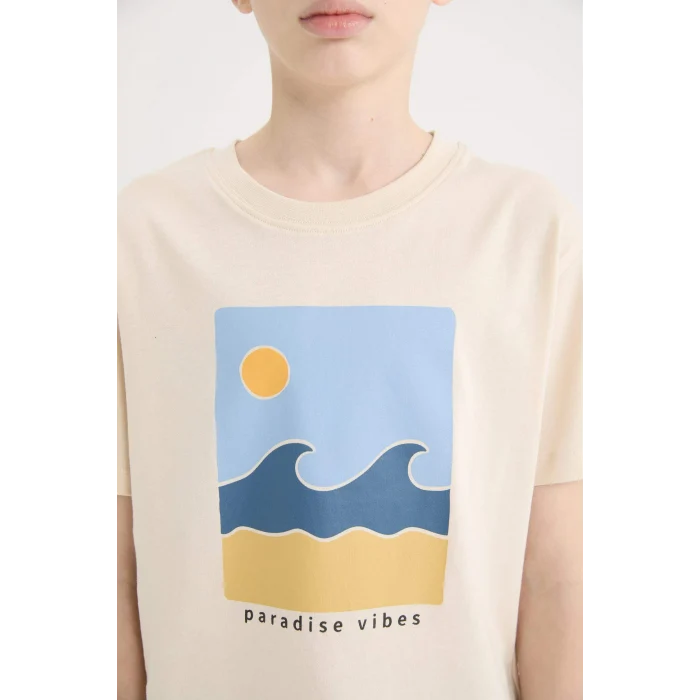 Defacto E0089A8ER42 Ekru Bisiklet Yaka Baskılı Kısa Kollu Tişört Erkek Çocuk