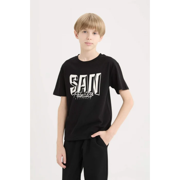 Defacto D9264A8BK81 Siyah Bisiklet Yaka Baskılı Kısa Kollu Tişört Erkek Çocuk