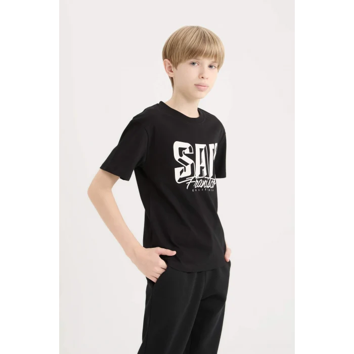 Defacto D9264A8BK81 Siyah Bisiklet Yaka Baskılı Kısa Kollu Tişört Erkek Çocuk