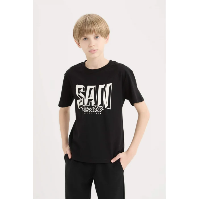 Defacto D9264A8BK81 Siyah Bisiklet Yaka Baskılı Kısa Kollu Tişört Erkek Çocuk