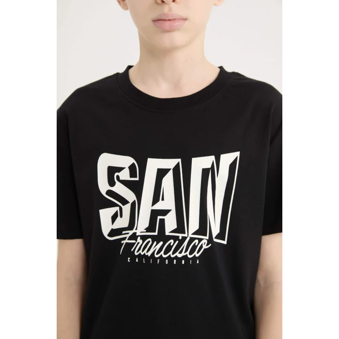 Defacto D9264A8BK81 Siyah Bisiklet Yaka Baskılı Kısa Kollu Tişört Erkek Çocuk