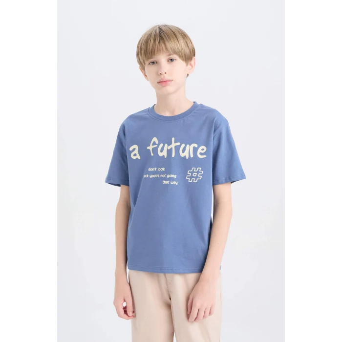Defacto D9259A8IN34 İndigo Bisiklet Yaka Baskılı Kısa Kollu Tişört Erkek Çocuk
