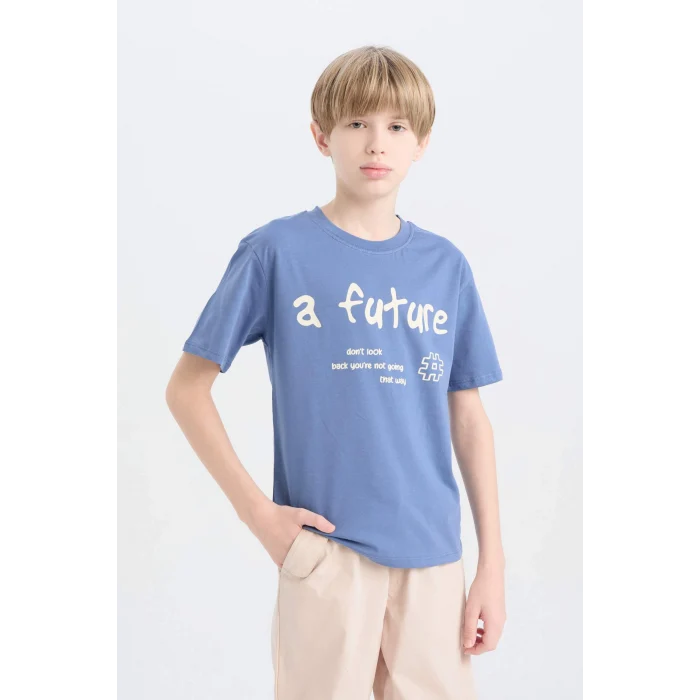 Defacto D9259A8IN34 İndigo Bisiklet Yaka Baskılı Kısa Kollu Tişört Erkek Çocuk
