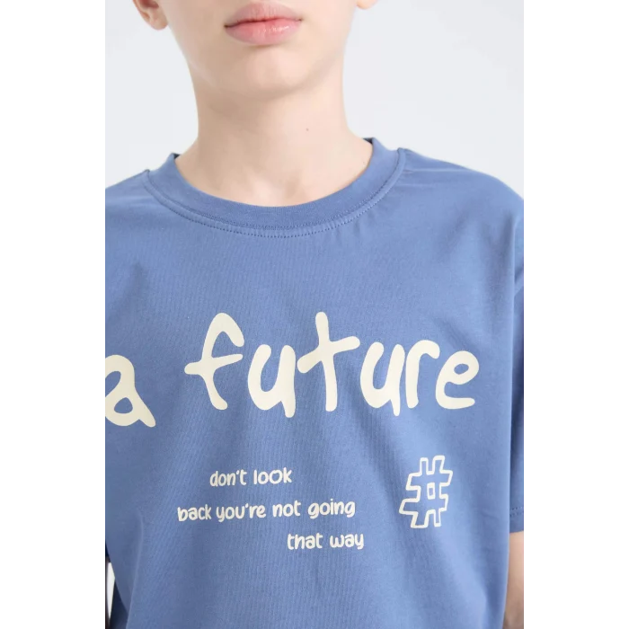 Defacto D9259A8IN34 İndigo Bisiklet Yaka Baskılı Kısa Kollu Tişört Erkek Çocuk