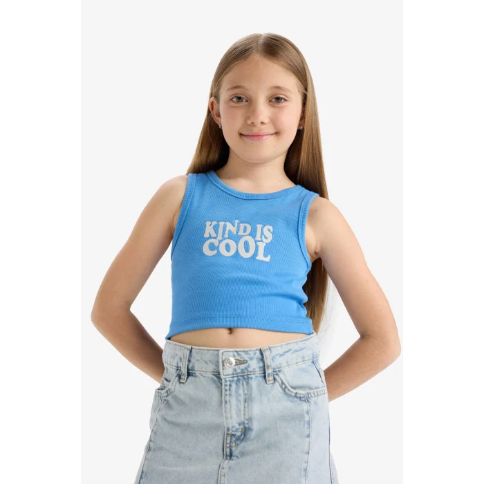 Defacto C4717A8BE277 Mavi Bisiklet Yaka Baskılı Crop Atlet Kız Çocuk