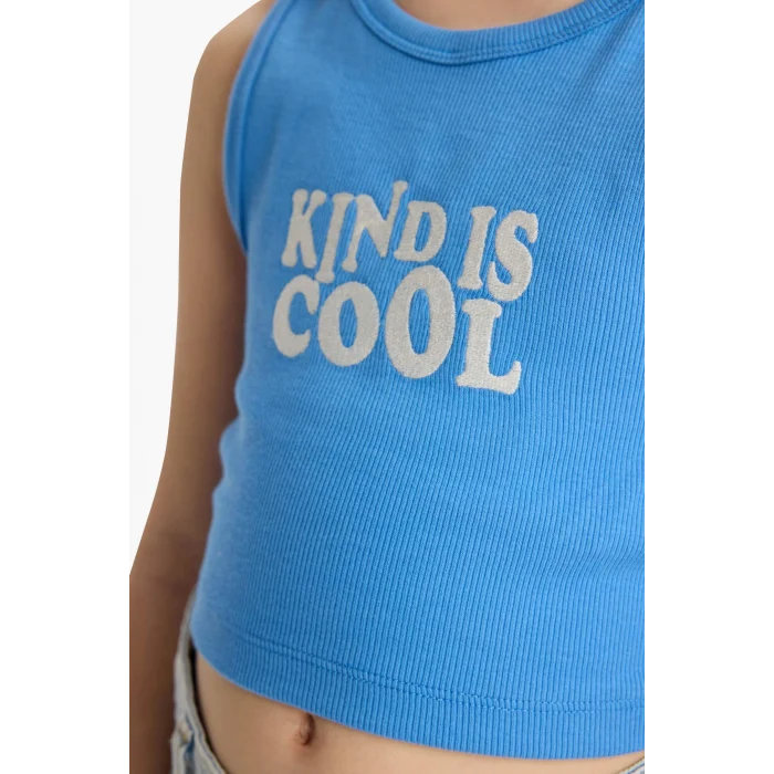 Defacto C4717A8BE277 Mavi Bisiklet Yaka Baskılı Crop Atlet Kız Çocuk