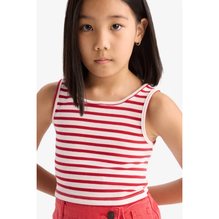 Defacto Z7814A6RD256 Kırmızı Bisiklet Yaka Çizgili Atlet Kız Çocuk