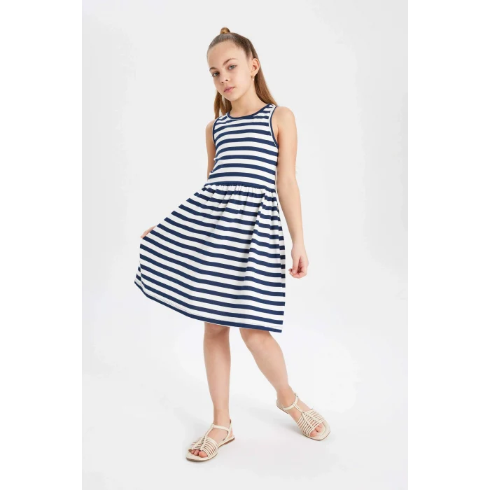 Defacto B4340A8NV42 Lacivert Kolsuz Çizgili Elbise Kız Çocuk