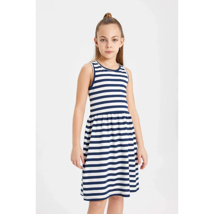 Defacto B4340A8NV42 Lacivert Kolsuz Çizgili Elbise Kız Çocuk