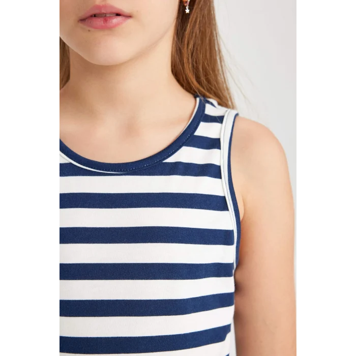 Defacto B4340A8NV42 Lacivert Kolsuz Çizgili Elbise Kız Çocuk