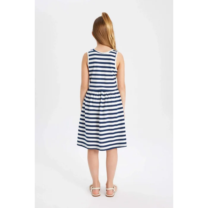 Defacto B4340A8NV42 Lacivert Kolsuz Çizgili Elbise Kız Çocuk