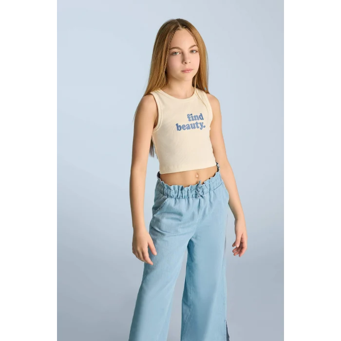 Defacto C4717A8ER99 Ekru Bisiklet Yaka Baskılı Crop Atlet Kız Çocuk