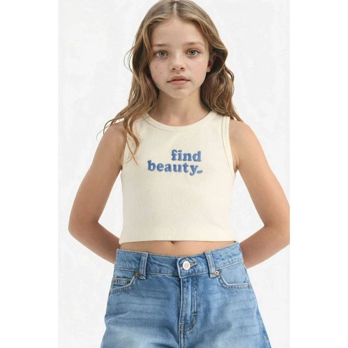 Defacto C4717A8ER99 Ekru Bisiklet Yaka Baskılı Crop Atlet Kız Çocuk