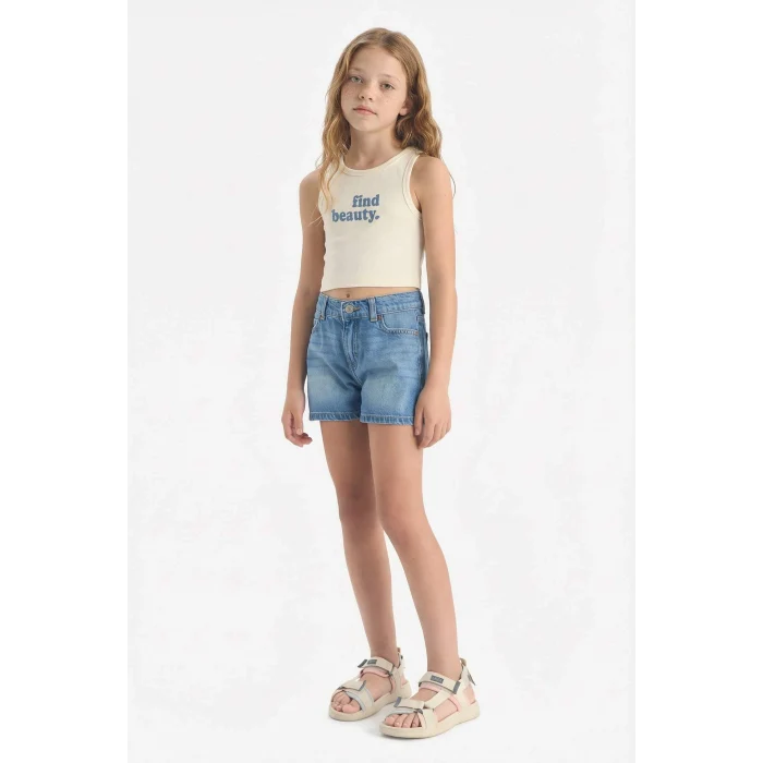 Defacto C4717A8ER99 Ekru Bisiklet Yaka Baskılı Crop Atlet Kız Çocuk