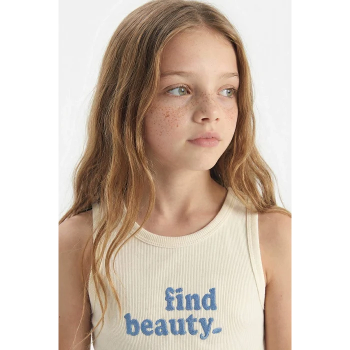 Defacto C4717A8ER99 Ekru Bisiklet Yaka Baskılı Crop Atlet Kız Çocuk