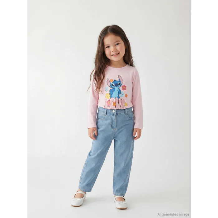 LCW Kids İndigo Beli Lastikli Mom Fit Kız Çocuk Jean Pantolon