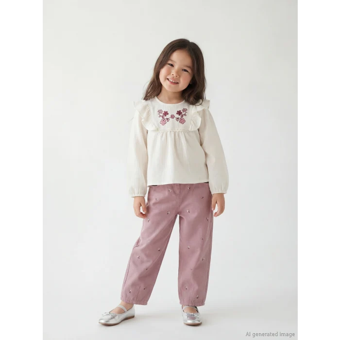 LCW Kids Lila Beli Lastikli Çiçekli Kız Çocuk Pantolon