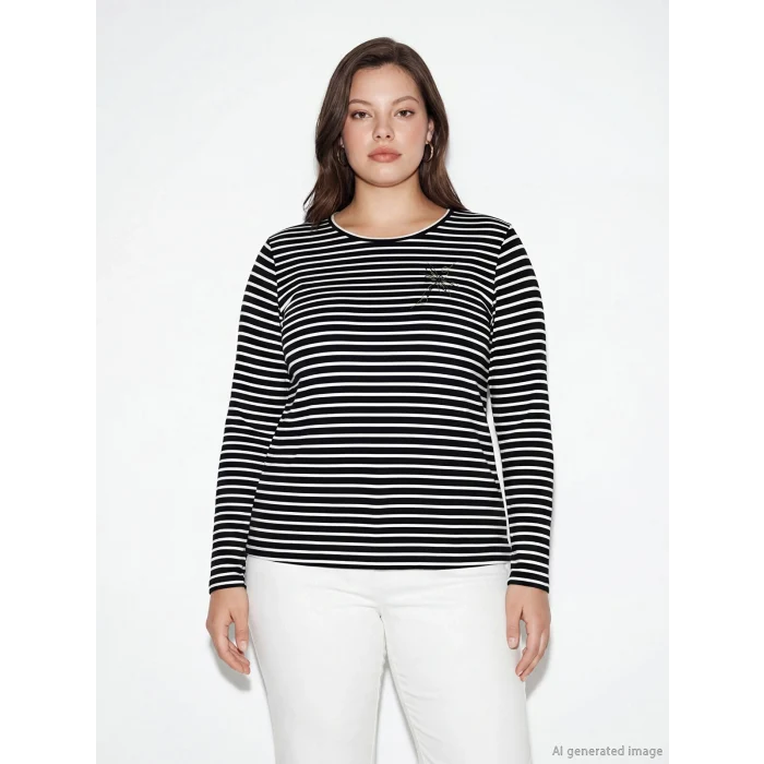 LCW Grace Siyah Bisiklet Yaka Çizgili Kadın Tişört