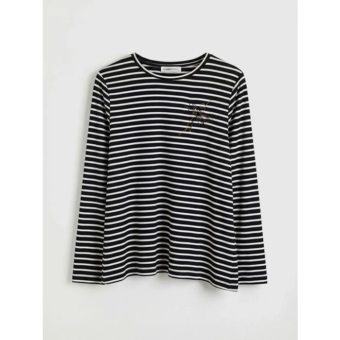 LCW Grace Siyah Bisiklet Yaka Çizgili Kadın Tişört