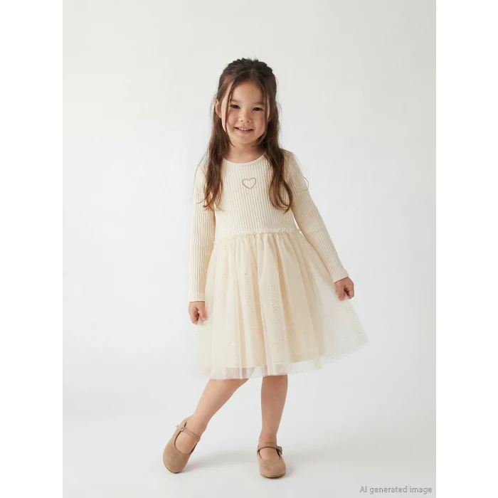 LCW Kids Bej Bisiklet Yaka Fiyonklu Kız Çocuk Elbise