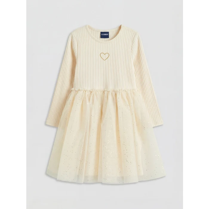 LCW Kids Bej Bisiklet Yaka Fiyonklu Kız Çocuk Elbise