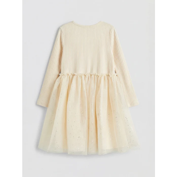 LCW Kids Bej Bisiklet Yaka Fiyonklu Kız Çocuk Elbise