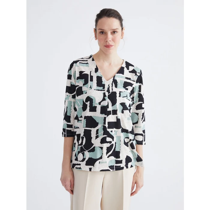 LCW Grace Siyah V Yaka Desenli Bluz