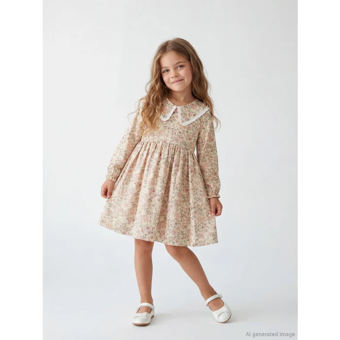 LCW Kids Sarı Bebe Yaka Çiçek Desenli Kız Çocuk Elbise