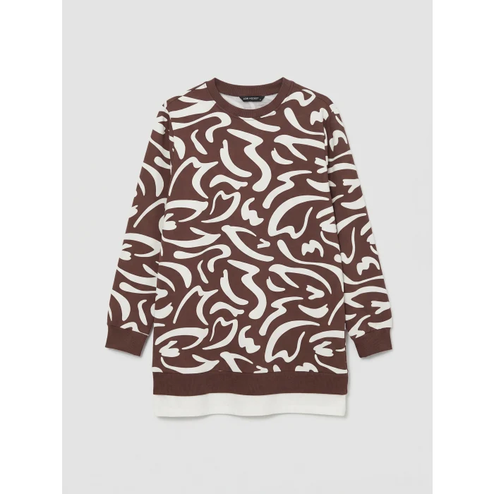 LCW Modest Kahverengi Bisiklet Yaka Desenli Kadın Sweatshirt Tunik