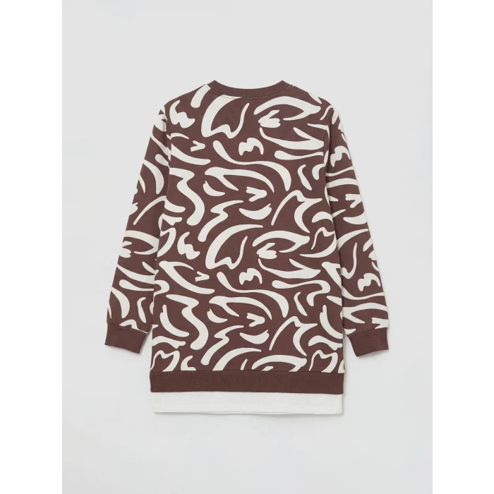 LCW Modest Kahverengi Bisiklet Yaka Desenli Kadın Sweatshirt Tunik