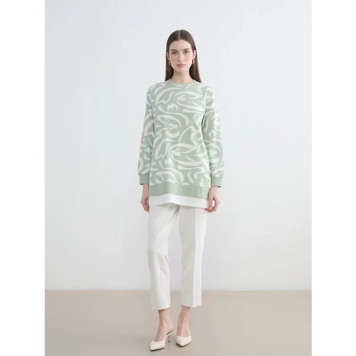 LCW Modest Yeşil Bisiklet Yaka Desenli Kadın Sweatshirt Tunik