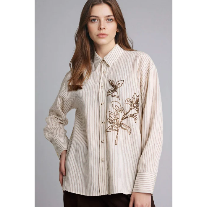 Defacto G9132AXER105 Ekru Relax Fıt Gömlek Yaka Uzun Kollu Gömlek