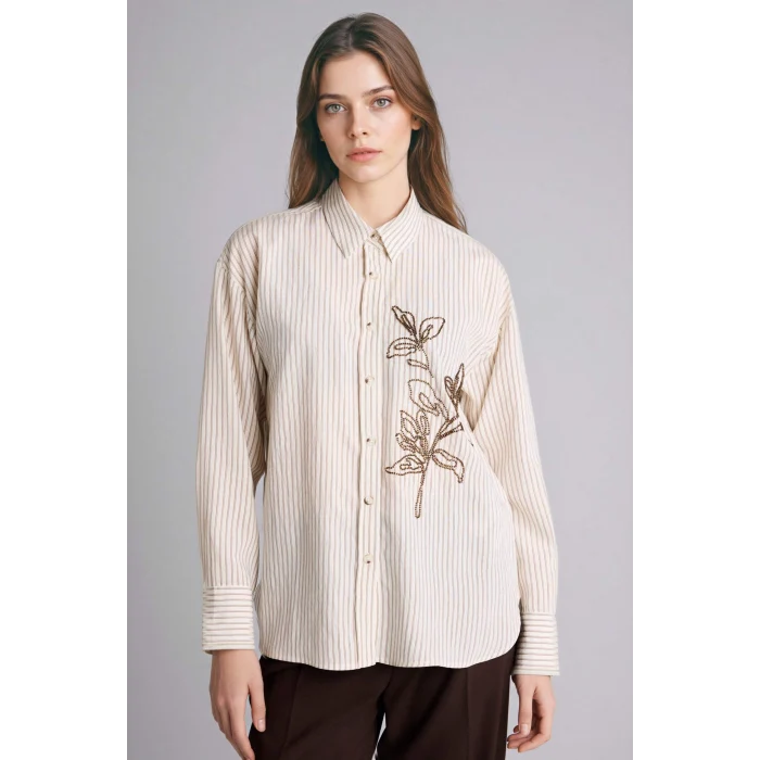 Defacto G9132AXER105 Ekru Relax Fıt Gömlek Yaka Uzun Kollu Gömlek